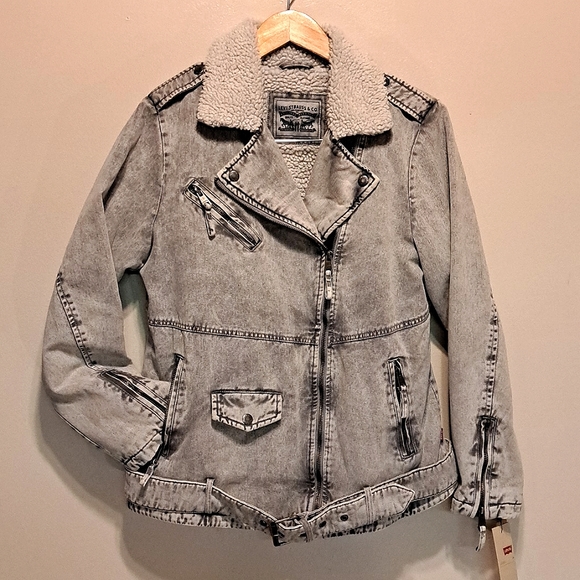 Levi's Washed Grey Denim-Sherpa Fall/Winter Biker Jacket/Coat Size M - Picture 3 of 15